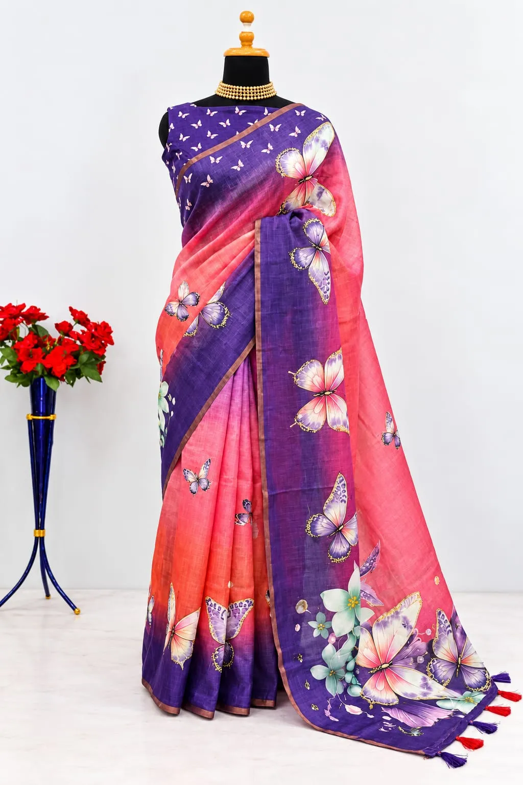 Turquoise Pink Butterfly Floral Linen Cotton Saree